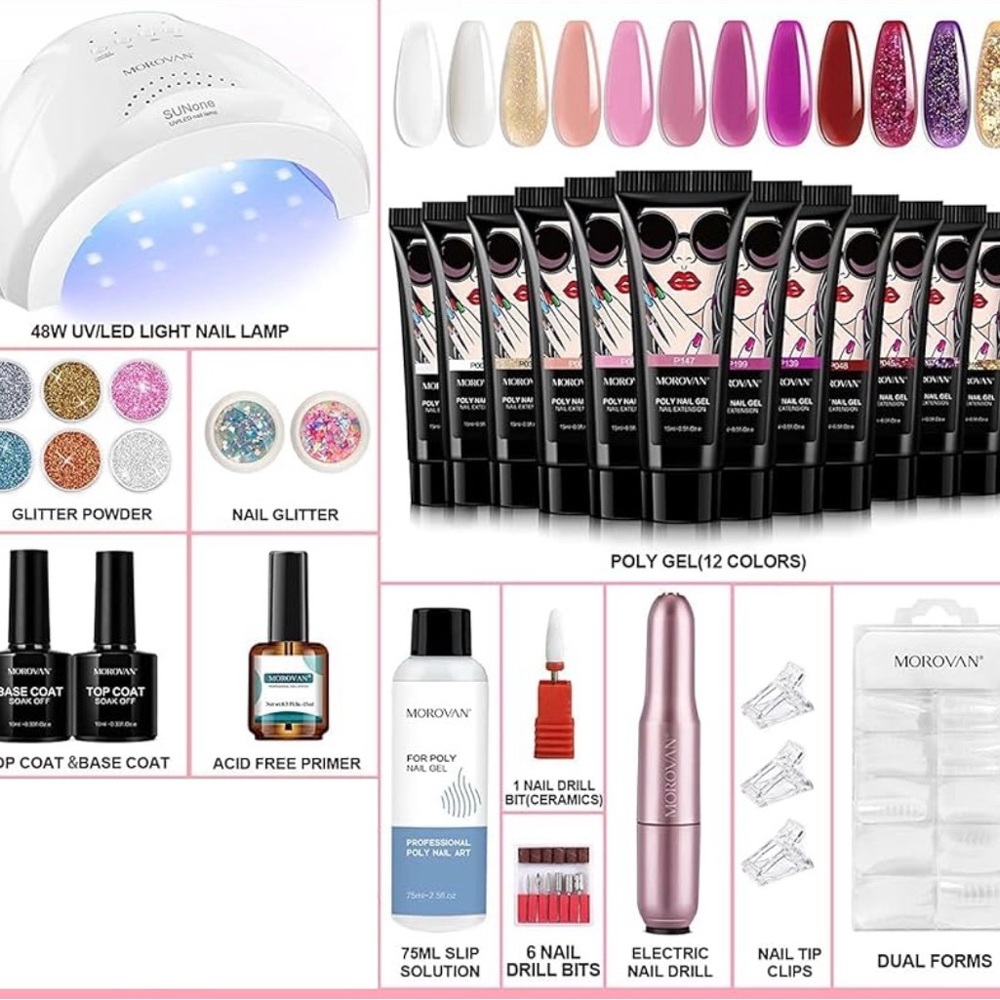 12-Color Poly Gel Nail Kit with UV/LED Lamp and Electric Drill